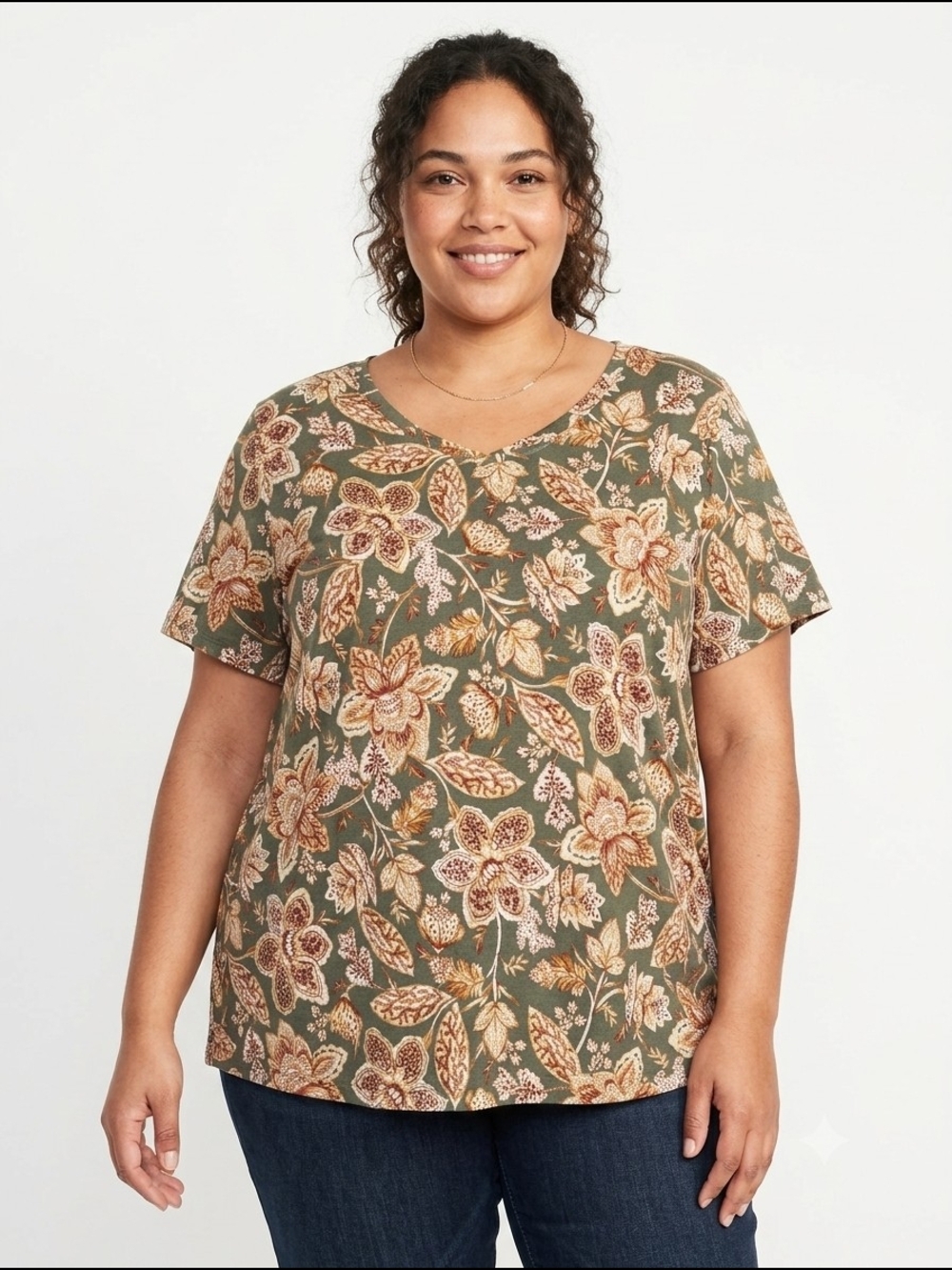 Penningtonsโ Women's Boyfriend Floral V-Neck Short Sleeve Top Olive